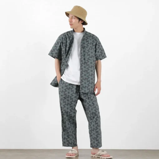 GOHEMP / Collarless Short Sleeve Shirt Tornado Print