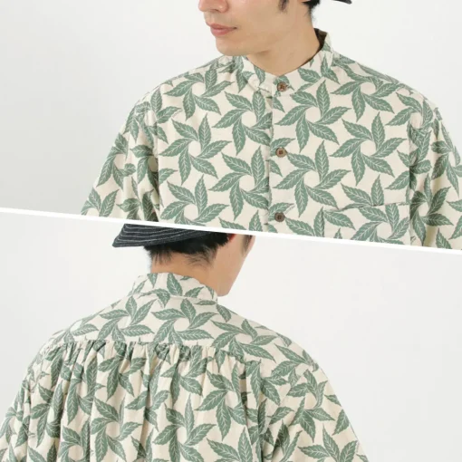 GOHEMP / Collarless Short Sleeve Shirt Tornado Print